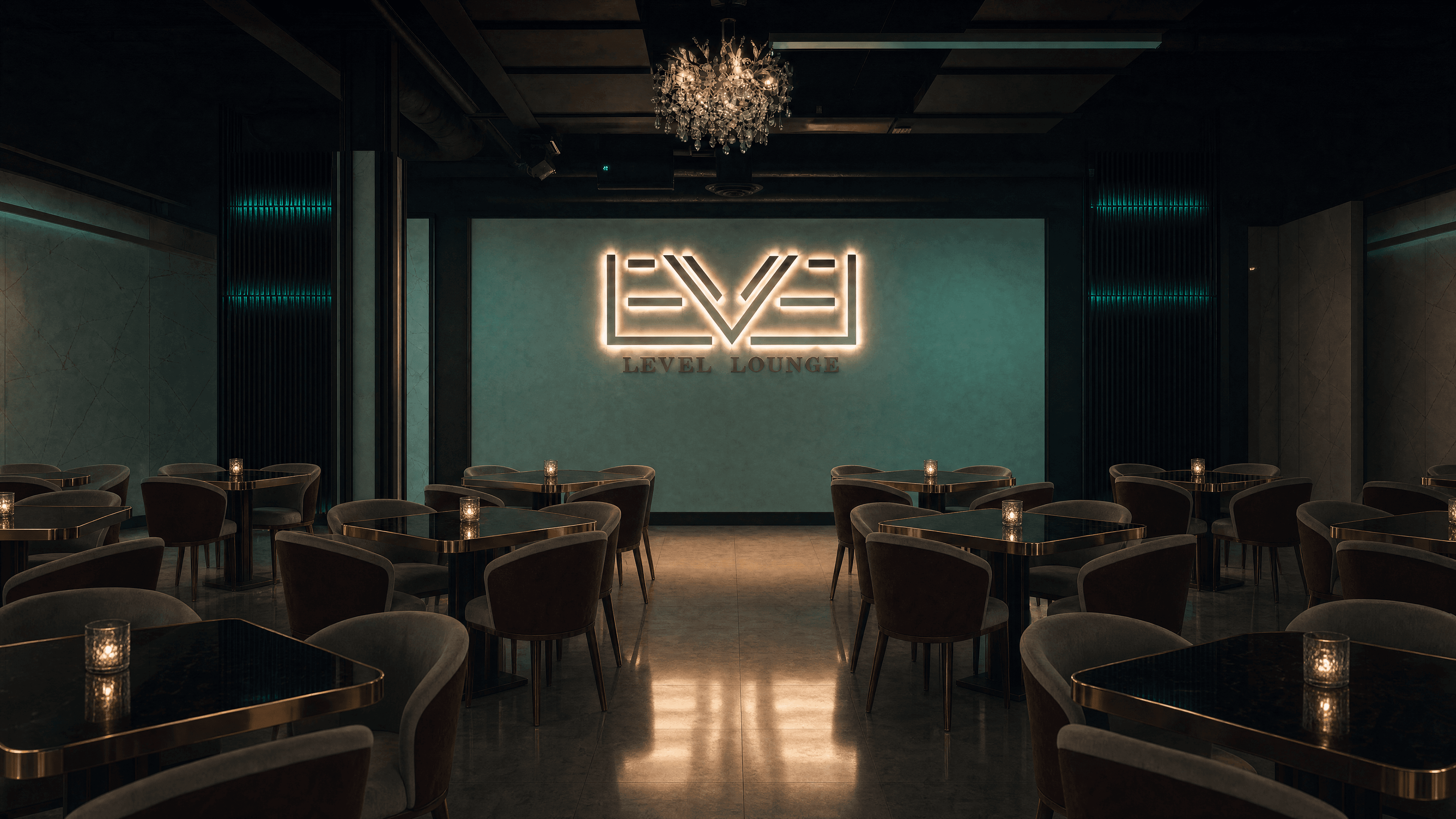 The Level Lounge dining room with candlelit tables and the illuminated Level mark